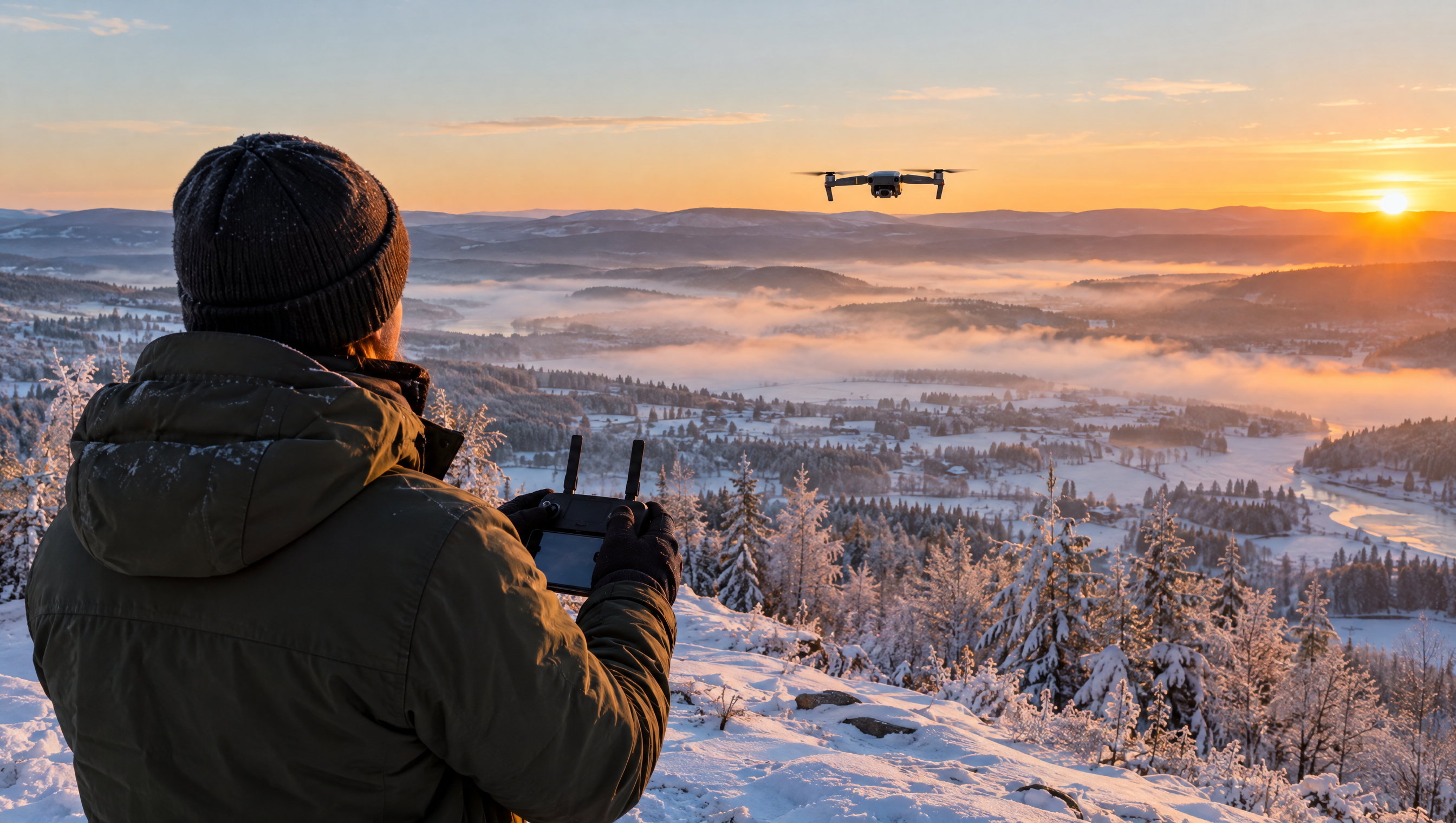 Drohne fliegen im Winter: Pilot auf verschneitem Hügel bei Sonnenuntergang
